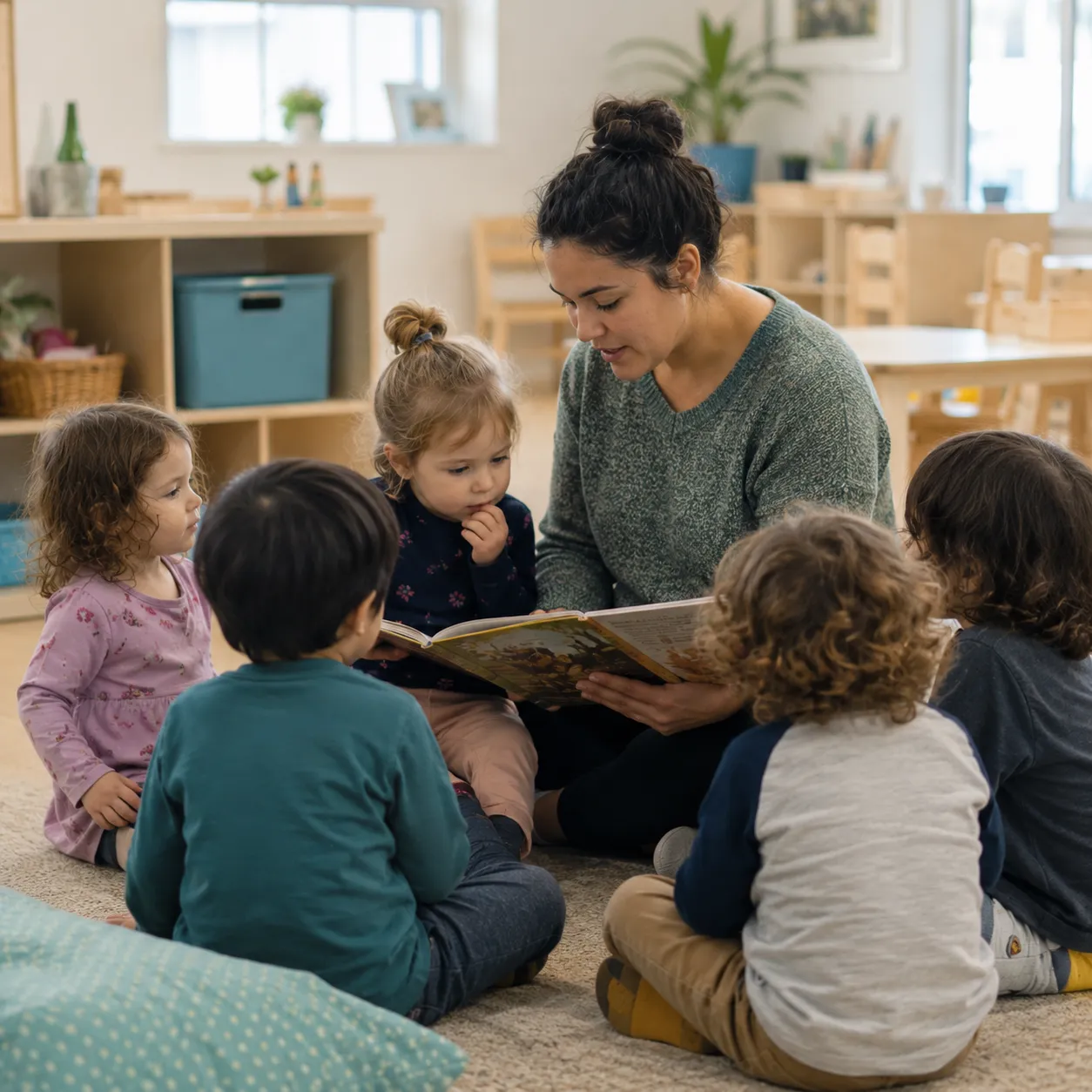 A teacher reading a picture book to a small group of toddlers in a bright, modern classroom at Chapel Glen Early Learning Academy