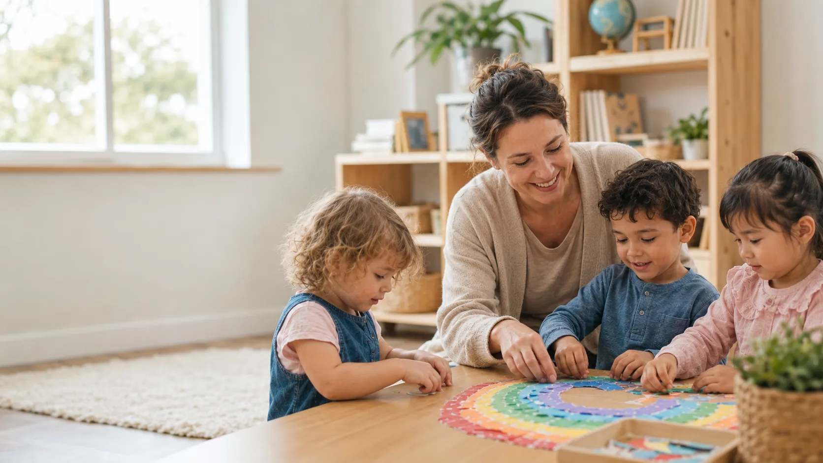 A teacher and three young children making a colorful torn-paper rainbow together at Chapel Glen Early Learning Academy